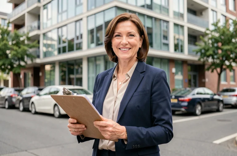 Agent immobilière professionnelle devant un immeuble moderne tenant des documents de vente, illustration du marché immobilier actuel