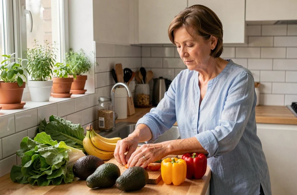 Femme préparant une assiette d'aliments sains riches en potassium et vitamines pour accompagner un traitement à la cortisone