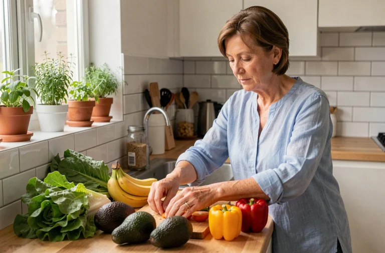 Femme préparant une assiette d'aliments sains riches en potassium et vitamines pour accompagner un traitement à la cortisone