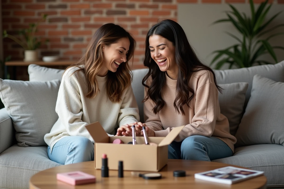 Deux amies déballant ensemble une box beauté remplie d'échantillons de maquillage gratuits dans un salon moderne