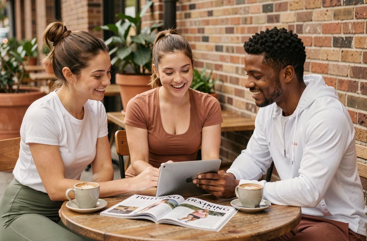 Groupe d'amis sportifs qui consultent des conseils d'entraînement autour d'un café en terrasse