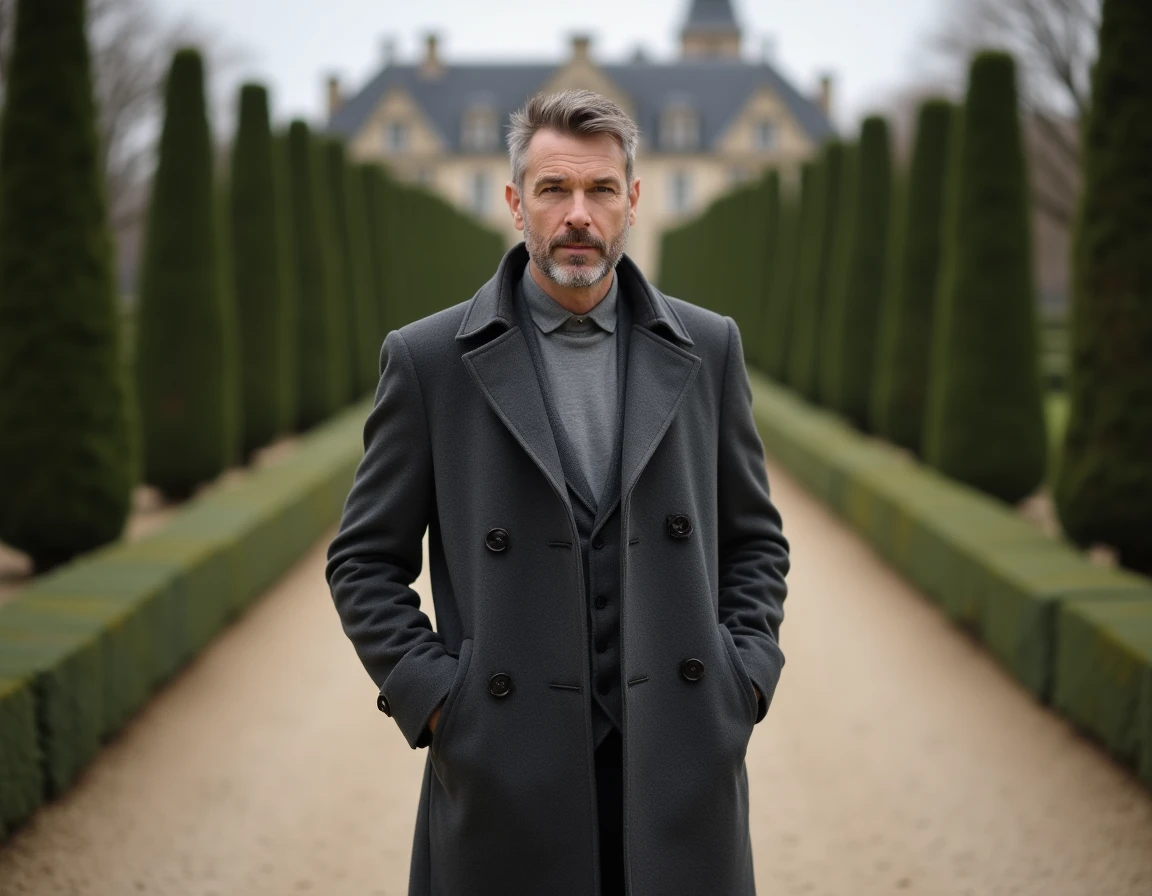 Portrait en extérieur d'un homme au jardin français, illustration du style de vie et des secrets du compagnon Anthony Favalli