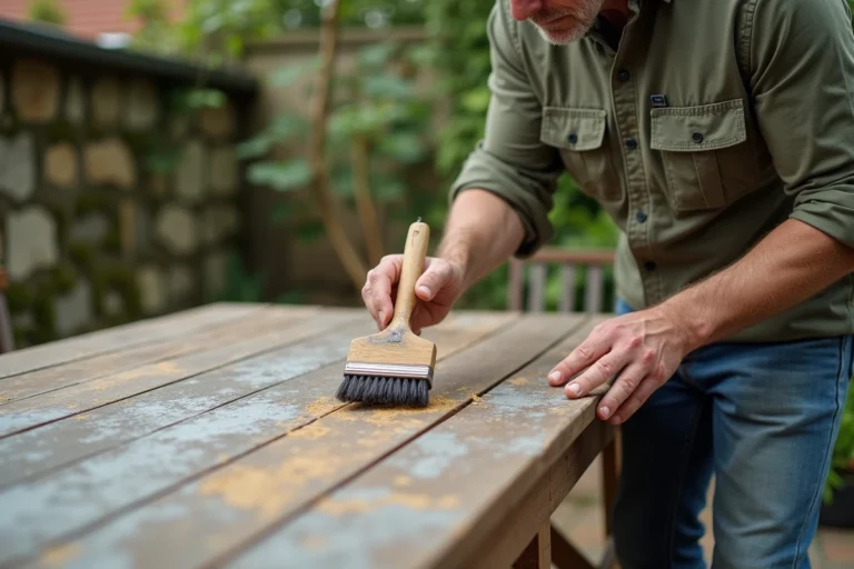 Homme appliquant un dégriseur bois sur une table de jardin en teck grisé avec une brosse en soies naturelles