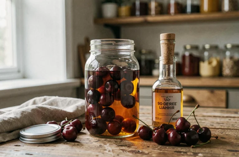Bocal en verre rempli de cerises en cours de macération dans l'alcool 90 pour fruits Leclerc sur une table en bois rustique