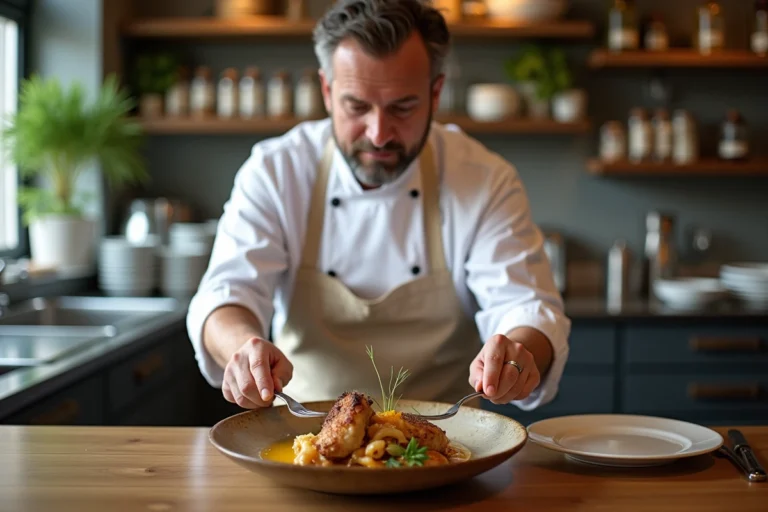 Chef français en blanc dressant un poulet au vin jaune