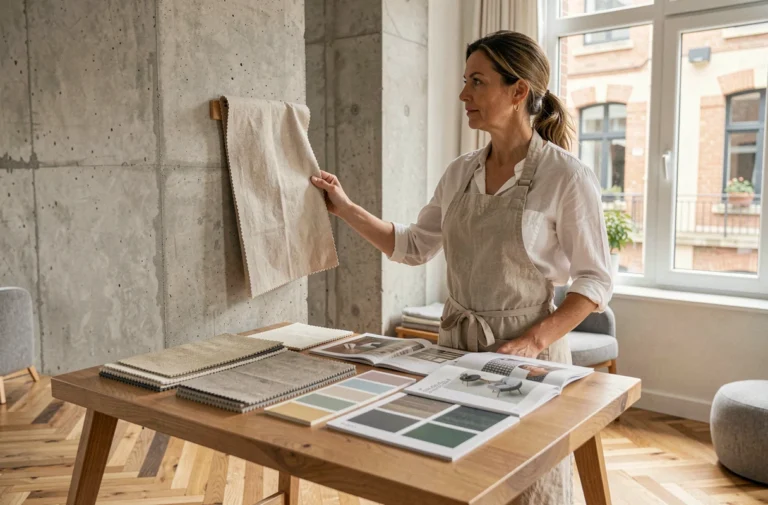Femme décoratrice d'intérieur choisissant des échantillons de tissu et de peinture pour aménager un salon moderne