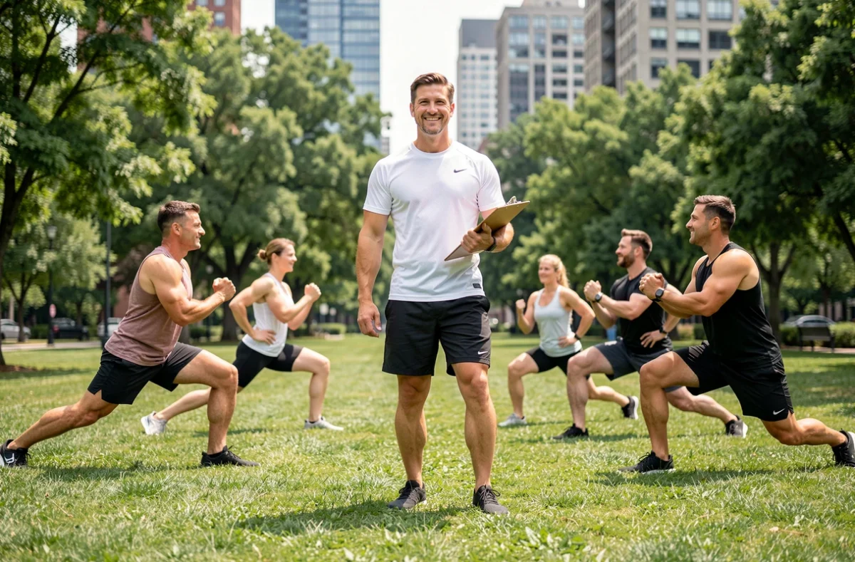 Coach sportif BPJEPS animant une séance de fitness en plein air dans un parc urbain