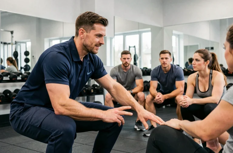 Coach sportif BPJEPS encadrant une séance de squat en salle de sport avec ses clients