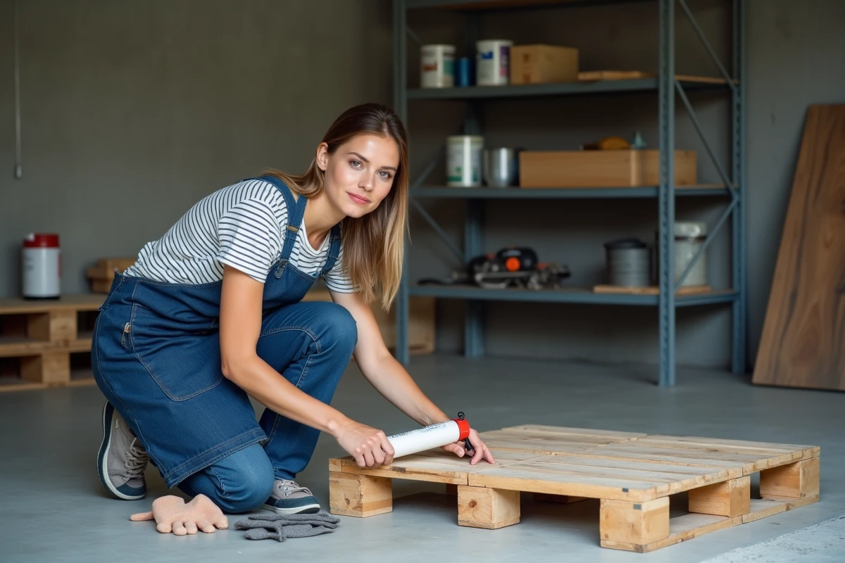 Femme collant une palette en bois sur sol béton dans un garage avec pistolet à colle, bricolage maison