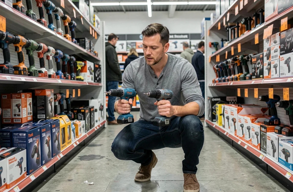 Homme comparant deux perceuses dans un magasin de bricolage pour choisir le meilleur équipement pour la maison