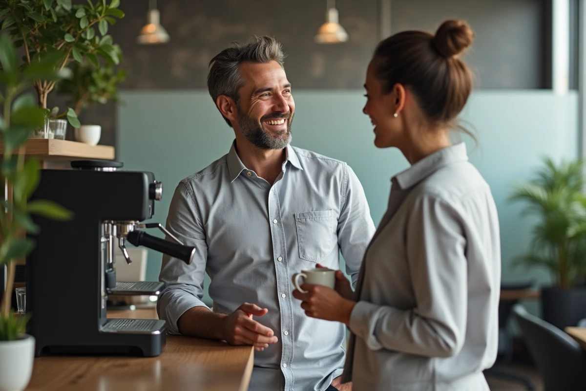 Collègues souriants en pause café dans une salle de pause de bureau, atmosphère de complicité professionnelle
