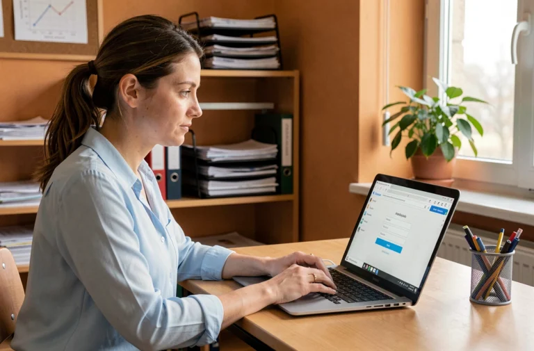 Femme enseignante connectée au webmail académique de Dijon sur un ordinateur portable dans un bureau scolaire