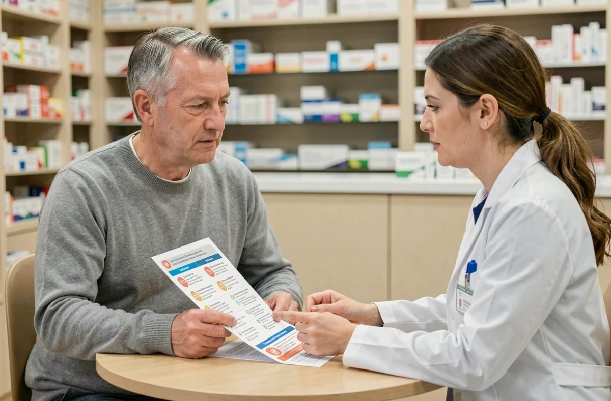 Patient discutant de son alimentation avec une pharmacienne pendant un traitement à la cortisone