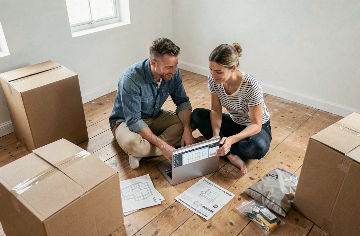 Couple planifiant l'aménagement d'un appartement en choisissant des meubles en kit et des équipements pour décorer leur nouveau logement