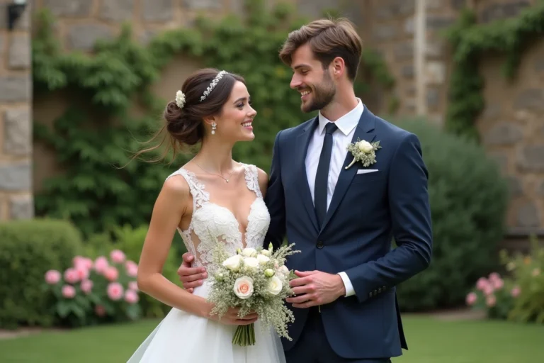 Jeune couple en mariage dans un jardin français élégant