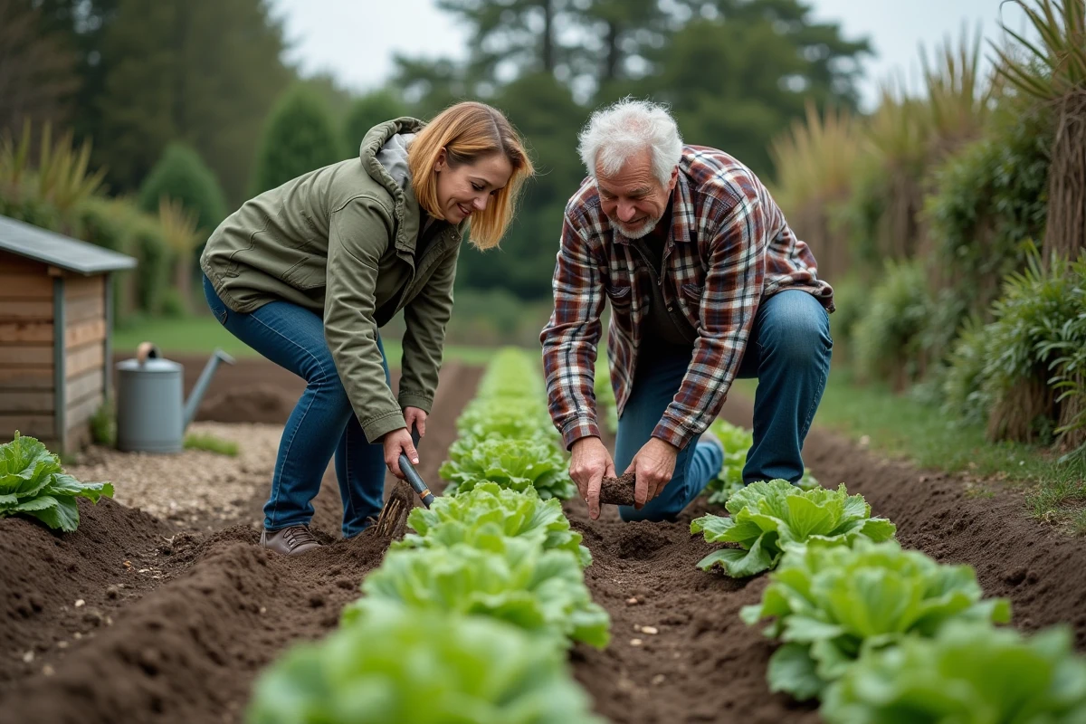 Couple travaillant ensemble dans un potager bio avec grelinette et fourche à compost