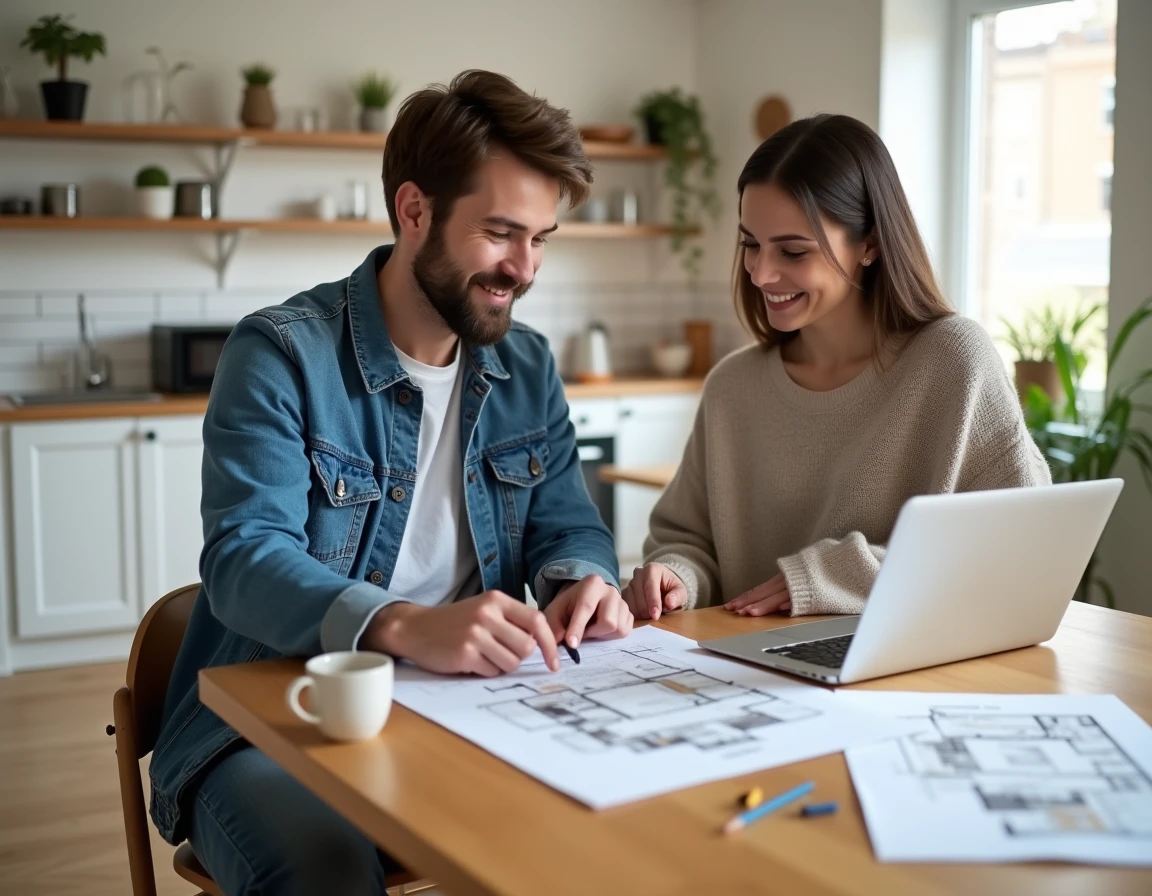 Couple en train d'étudier des annonces immobilières et un plan de logement à la maison, conseils pour acheter un bien immobilier