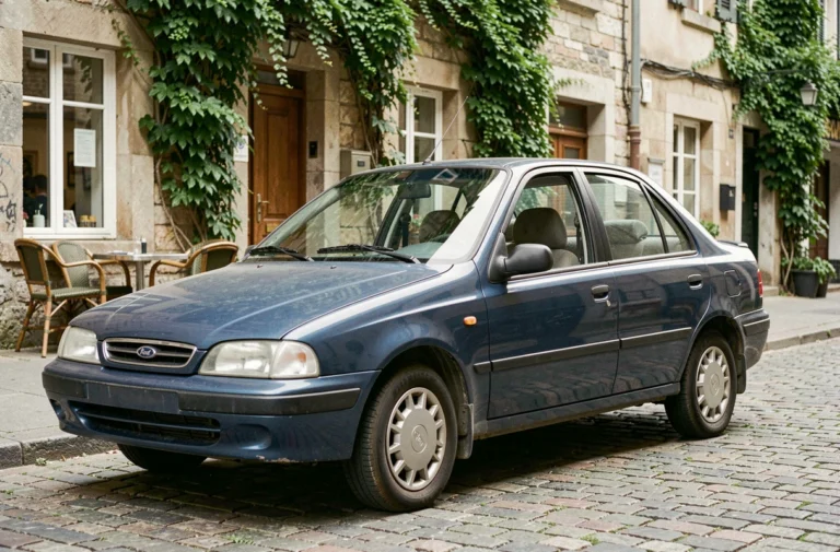 Daewoo Lanos bleu métallisé des années 90 garé sur une rue pavée européenne, vue trois quarts avant