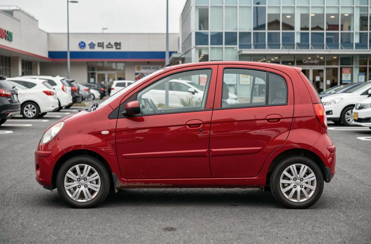 Daewoo Matiz rouge vue de profil dans un parking de centre commercial, modèle iconique de citadine compacte