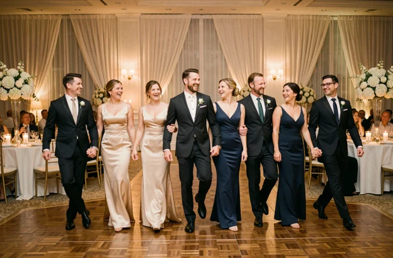 Groupe de mariés et invités dansant le Madison en formation synchronisée sur une piste de danse de salle de réception lors d'un mariage élégant