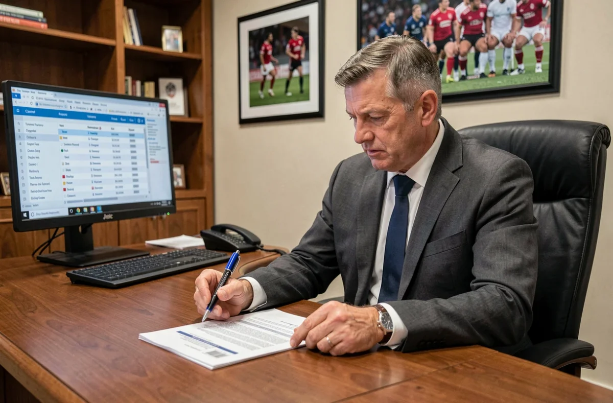 Directeur sportif d'un club de rugby en train d'examiner des documents de transferts dans son bureau, en plein mercato 2024 de l'ASM Clermont