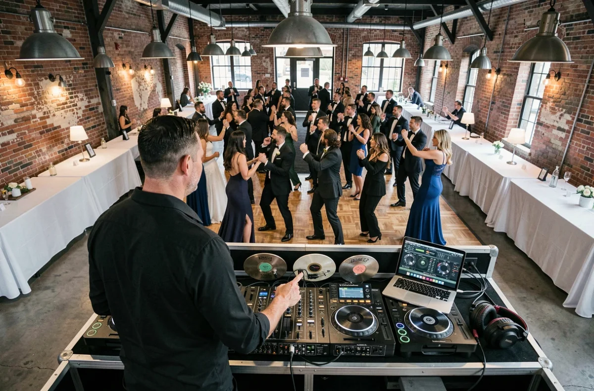 DJ de mariage mixant de la musique pour des invités dansant le Madison en formation dans une salle de réception au style industriel chic
