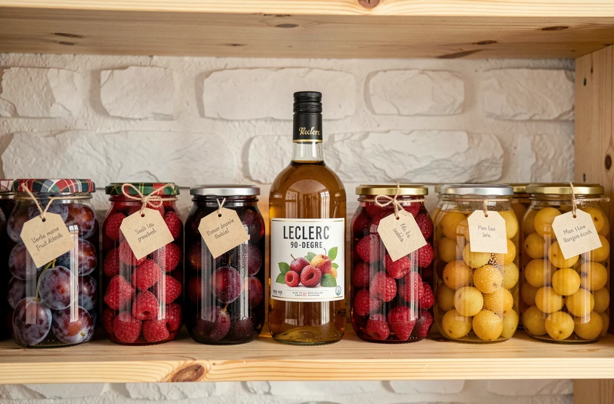 Étagère de garde-manger avec des bocaux de fruits macérés dans l'alcool 90 pour fruits Leclerc dans une cuisine de maison de campagne française