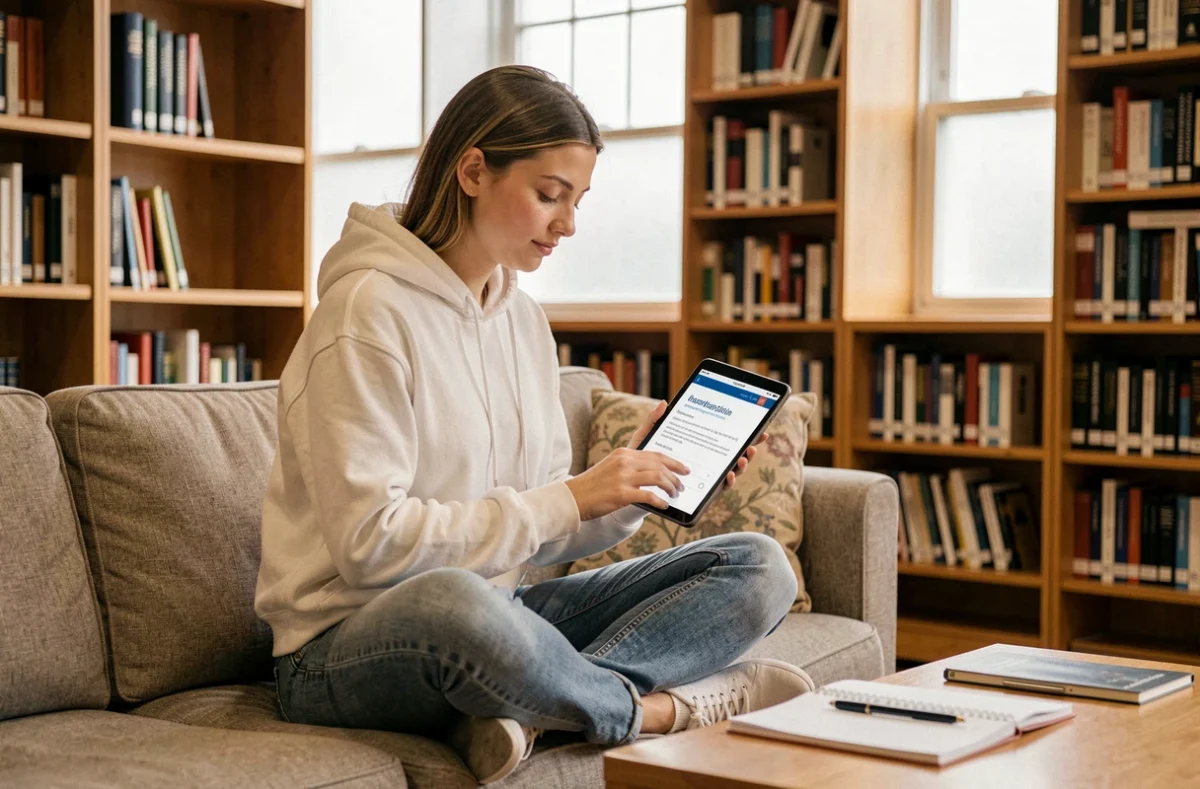 Étudiante consultant le webmail académique de Dijon sur une tablette dans une bibliothèque universitaire