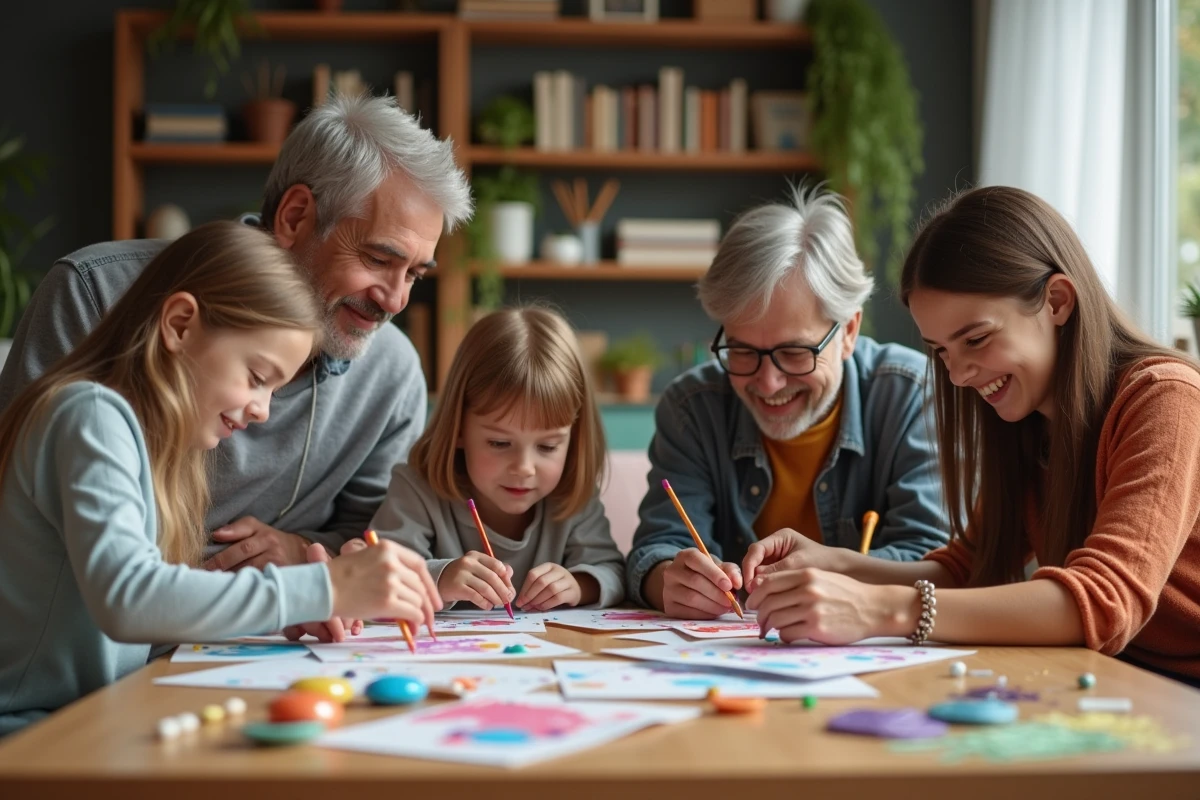 Famille multigenerational créant ensemble à la maison