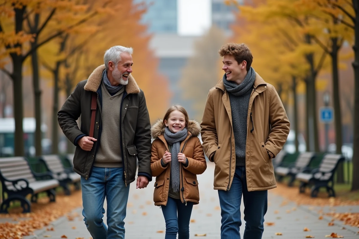 Adulte et enfants riant en marchant dans un parc automnal
