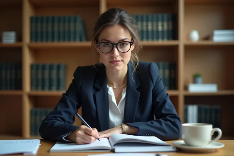 Femme concentrée écrivant dans un cahier à son bureau, illustrant l'apprentissage des règles grammaticales de l'anglais comme les nombres ordinaux 21st