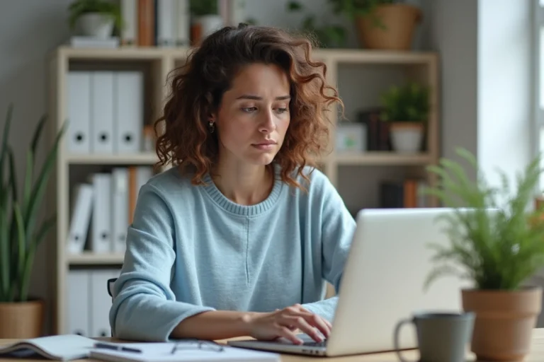 Femme concentrée travaillant sur son ordinateur dans un bureau lumineux