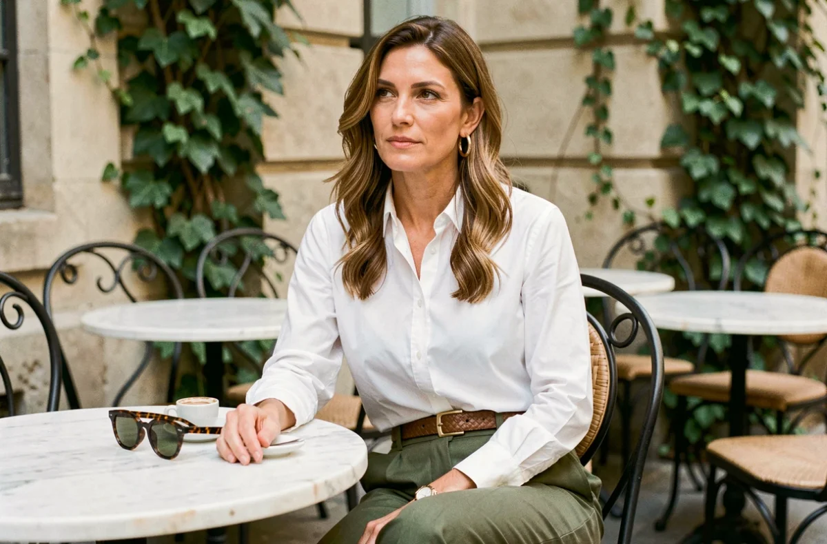Femme en terrasse de café parisien portant des accessoires tendance minimalistes inspirés du style naturel de Jennifer Garner