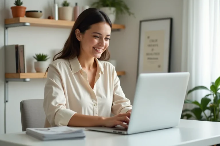 Jeune femme découvrant des offres de maquillage gratuit sur son ordinateur portable à son bureau à domicile
