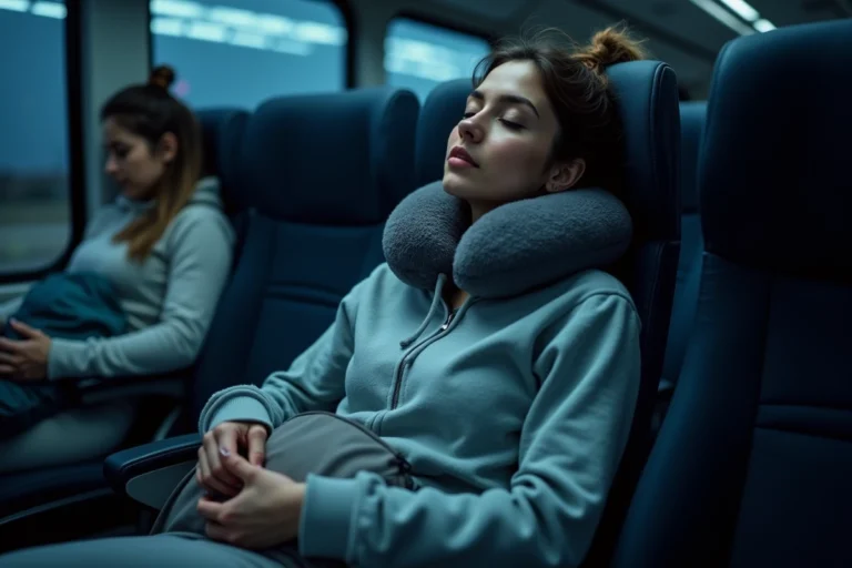 Jeune femme dormant dans un siège de bus de nuit BlaBlaCar avec oreiller de voyage et couverture polaire
