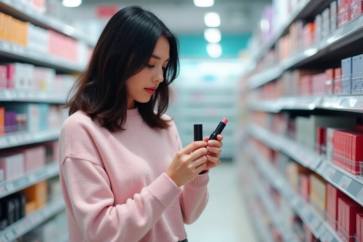 Femme examinant un échantillon de rouge à lèvres gratuit dans le rayon cosmétiques d'une pharmacie