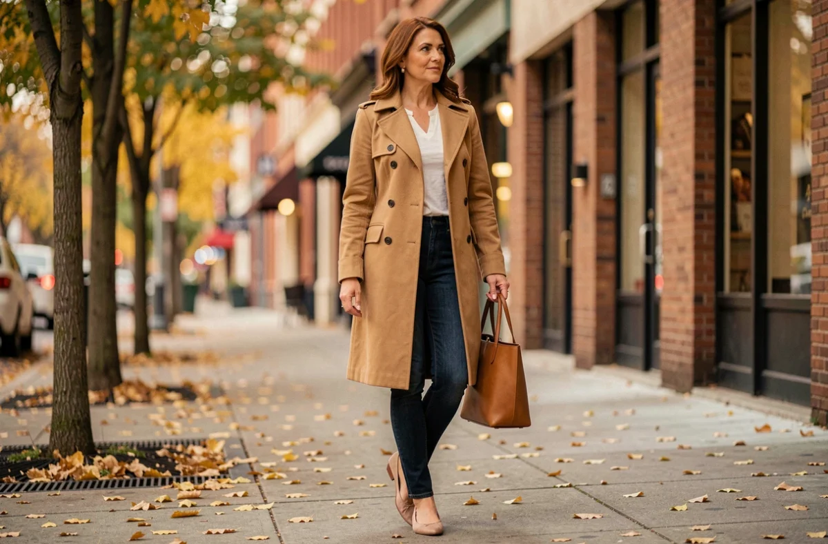 Femme élégante portant un trench camel et des accessoires tendance inspirés du style Jennifer Garner en automne urbain