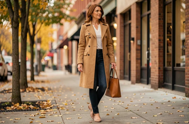 Femme élégante portant un trench camel et des accessoires tendance inspirés du style Jennifer Garner en automne urbain