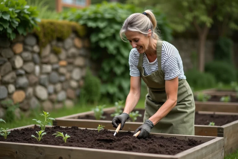 Femme utilisant une grelinette pour aérer la terre d'un potager bio surélevé en bois