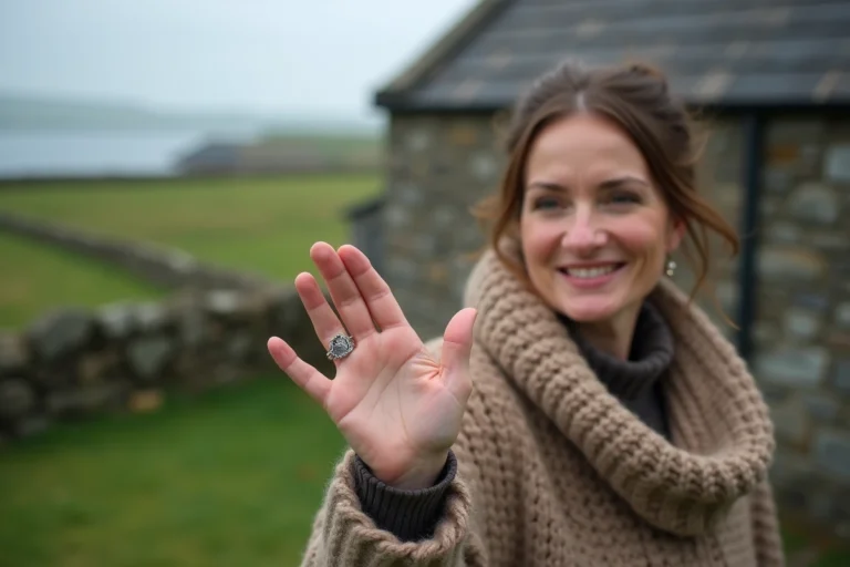 Femme irlandaise montrant sa bague Claddagh en main
