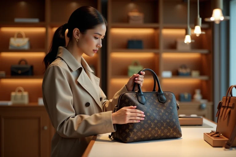 Femme élégante examine un sac de luxe dans une boutique sophistiquée