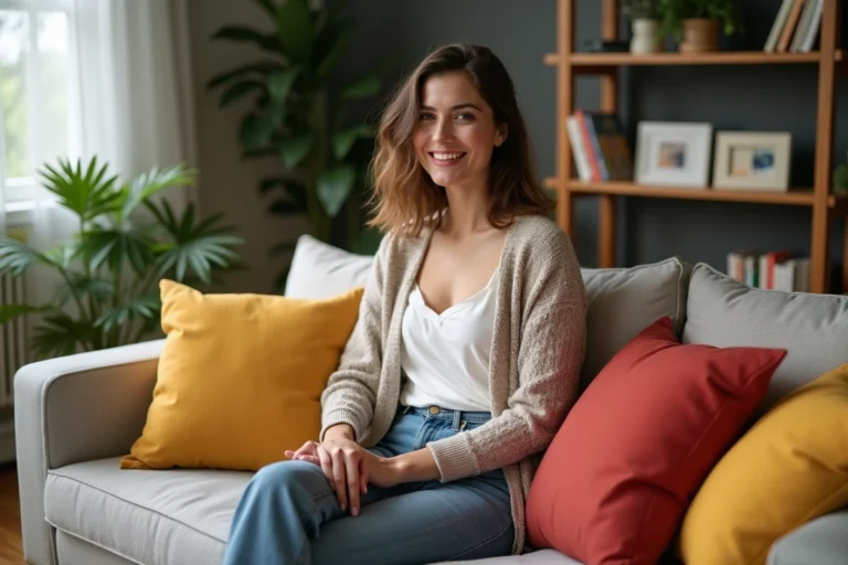 Femme souriante dans un salon cosy arrangeant des coussins