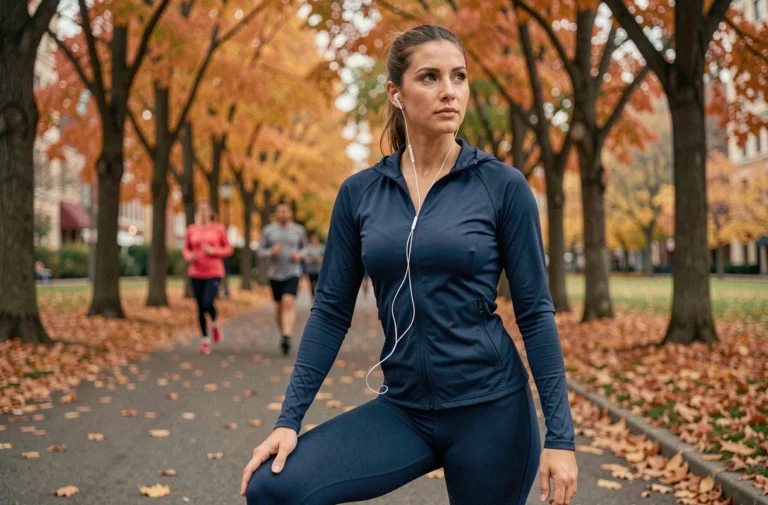 Femme sportive qui s'étire avant une course en plein air dans un parc urbain en automne