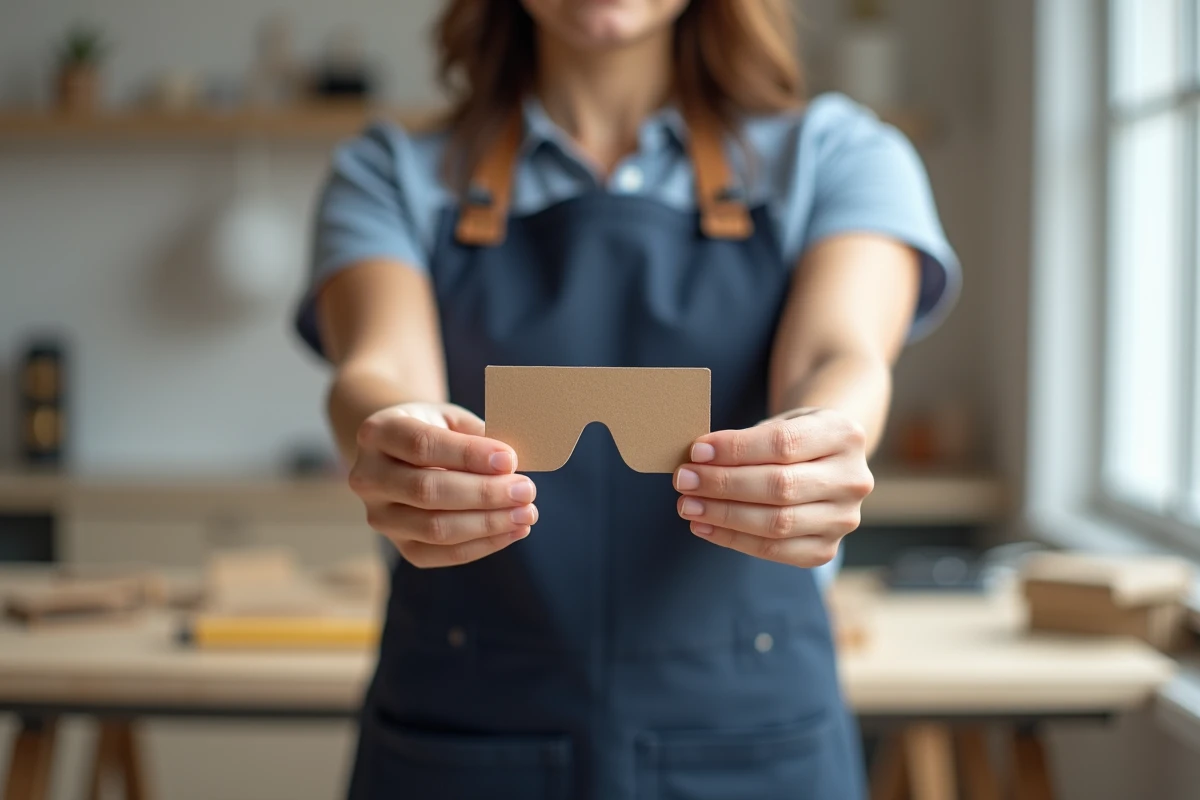 Femme souriante tient une grille en carton pour lunettes