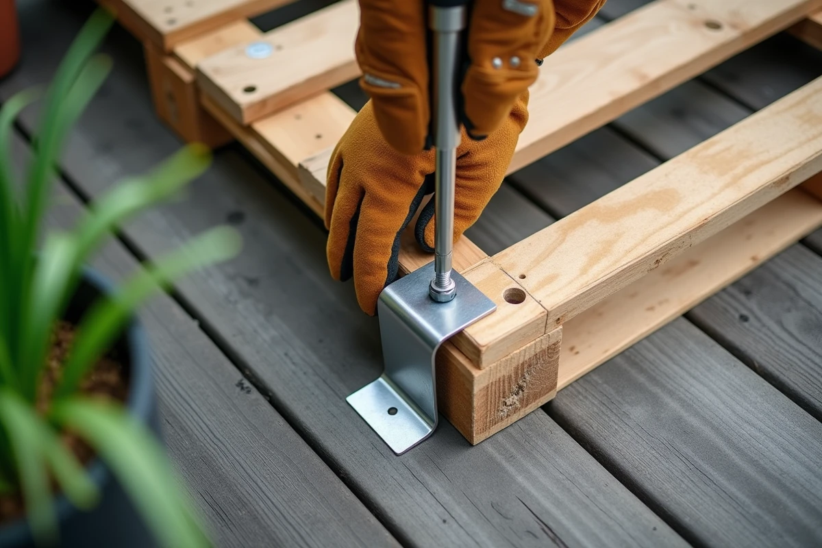 Fixation d'une palette en bois sur terrasse avec équerres métalliques et vis inox, détail bricolage extérieur