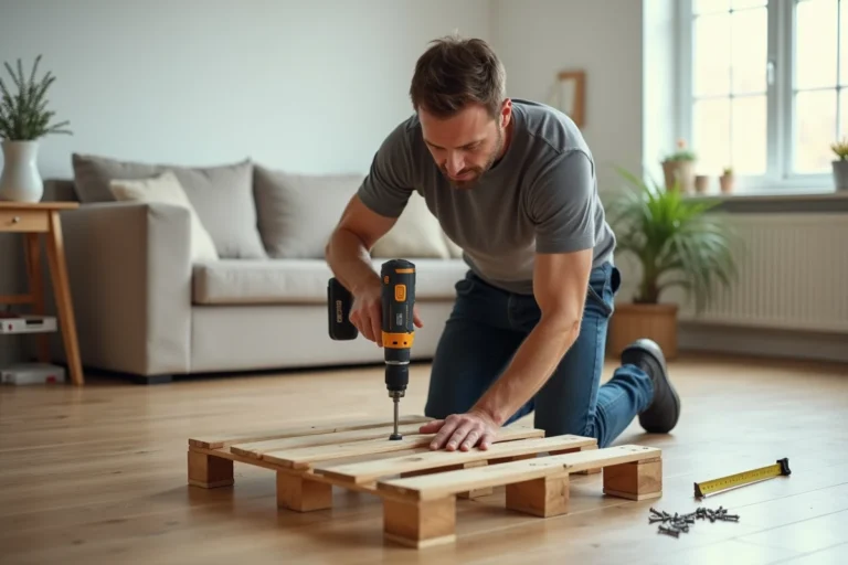 Homme fixant une palette en bois au sol avec une perceuse dans un salon, astuce bricolage DIY