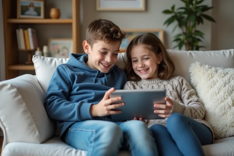 Freres et soeurs souriants partageant une tablette dans un salon chaleureux