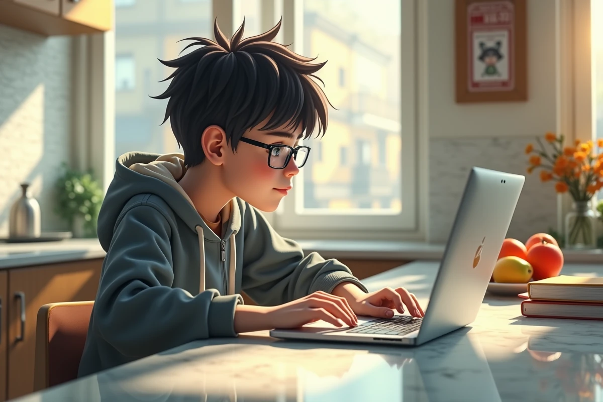 Adolescent regardant manga sur ordinateur dans la cuisine