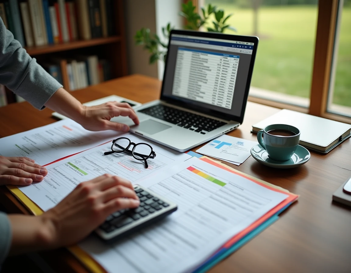 Gestion administrative et fiscale d'un bien immobilier mixte avec dossiers et calculatrice sur un bureau à domicile