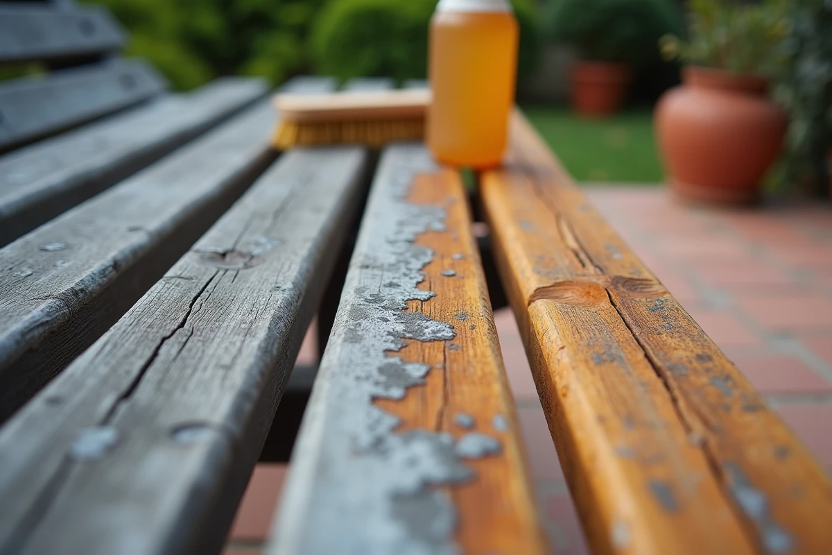 Gros plan sur un barreau de banc de jardin en bois montrant le contraste avant-après du traitement au dégriseur